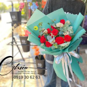Hoa bó đỏ tone xanh 00103