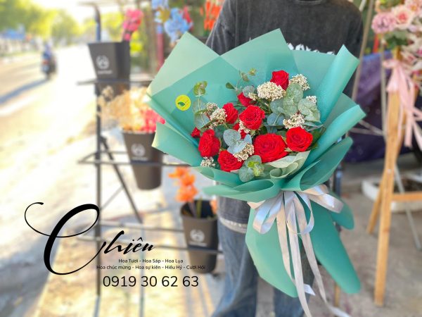 Hoa bó đỏ tone xanh 00103